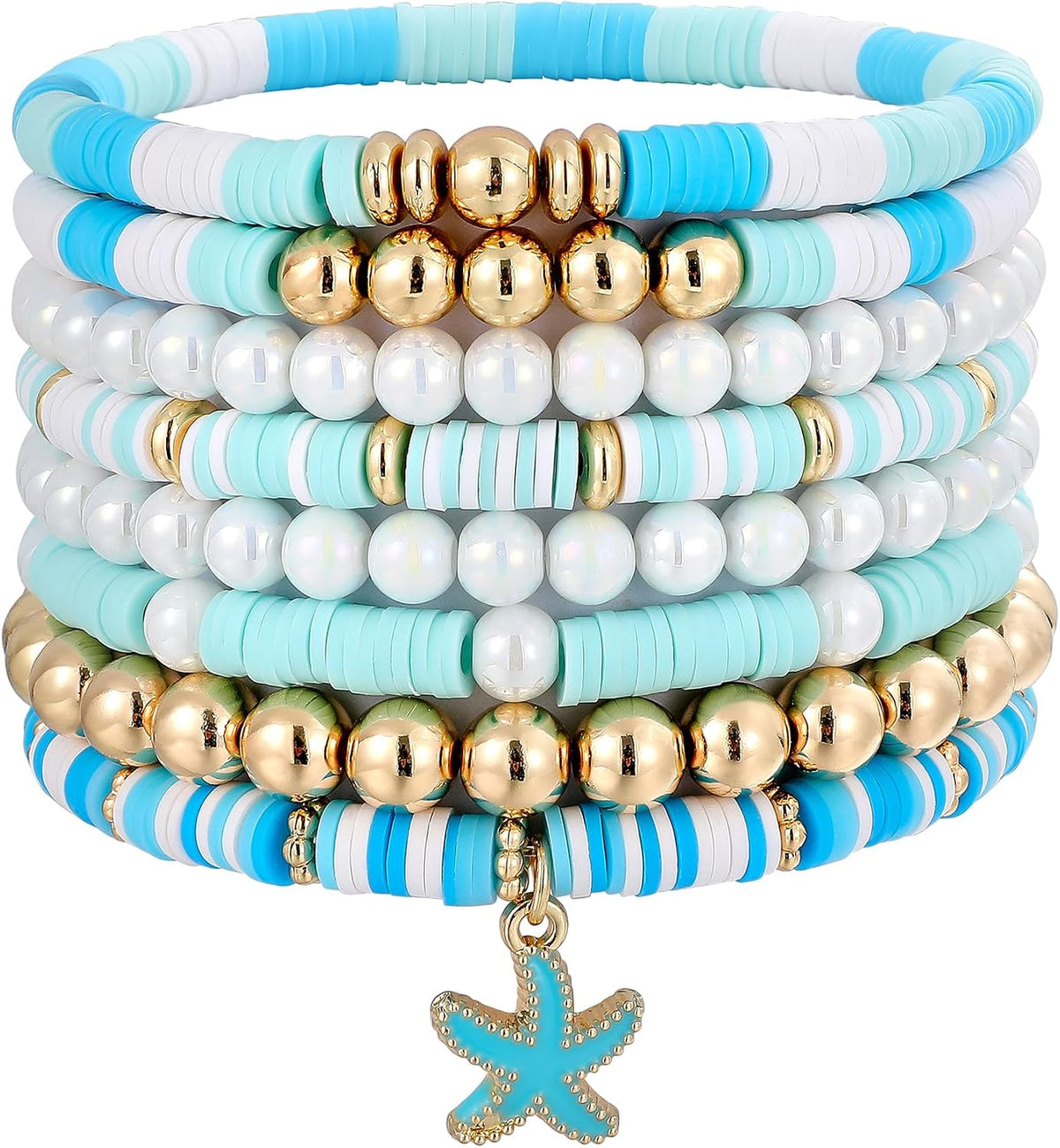 Surfer Heishi Clay Bead Bracelets for Women Bohemian Stackable Gold Plated Beaded Stretch Bracelets Elastic Layering Friendship Bracelets Set Boho Jewelry