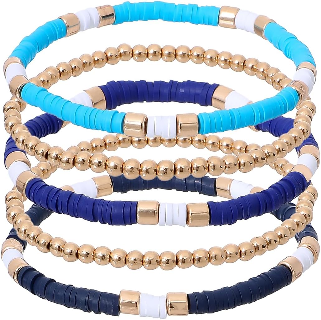 Surfer Heishi Clay Bead Bracelets for Women Bohemian Stackable Gold Plated Beaded Stretch Bracelets Elastic Layering Friendship Bracelets Set Boho Jewelry