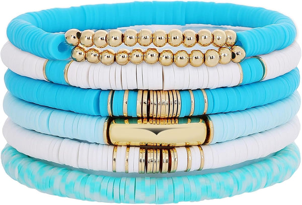 Surfer Heishi Clay Bead Bracelets for Women Bohemian Stackable Gold Plated Beaded Stretch Bracelets Elastic Layering Friendship Bracelets Set Boho Jewelry