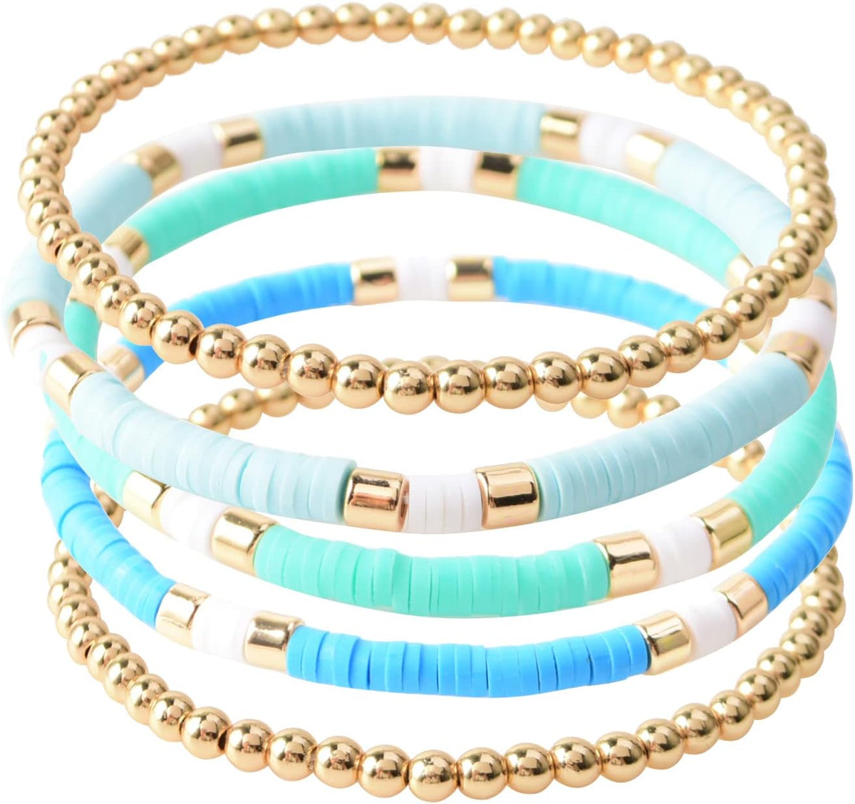 Surfer Heishi Clay Bead Bracelets for Women Bohemian Stackable Gold Plated Beaded Stretch Bracelets Elastic Layering Friendship Bracelets Set Boho Jewelry