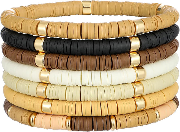 Surfer Heishi Clay Bead Bracelets for Women Bohemian Stackable Gold Plated Beaded Stretch Bracelets Elastic Layering Friendship Bracelets Set Boho Jewelry