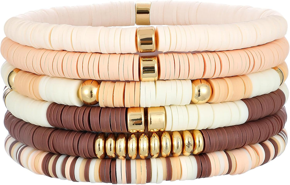 Surfer Heishi Clay Bead Bracelets for Women Bohemian Stackable Gold Plated Beaded Stretch Bracelets Elastic Layering Friendship Bracelets Set Boho Jewelry