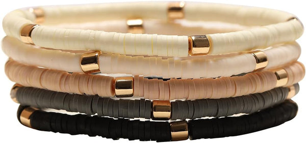Surfer Heishi Clay Bead Bracelets for Women Bohemian Stackable Gold Plated Beaded Stretch Bracelets Elastic Layering Friendship Bracelets Set Boho Jewelry