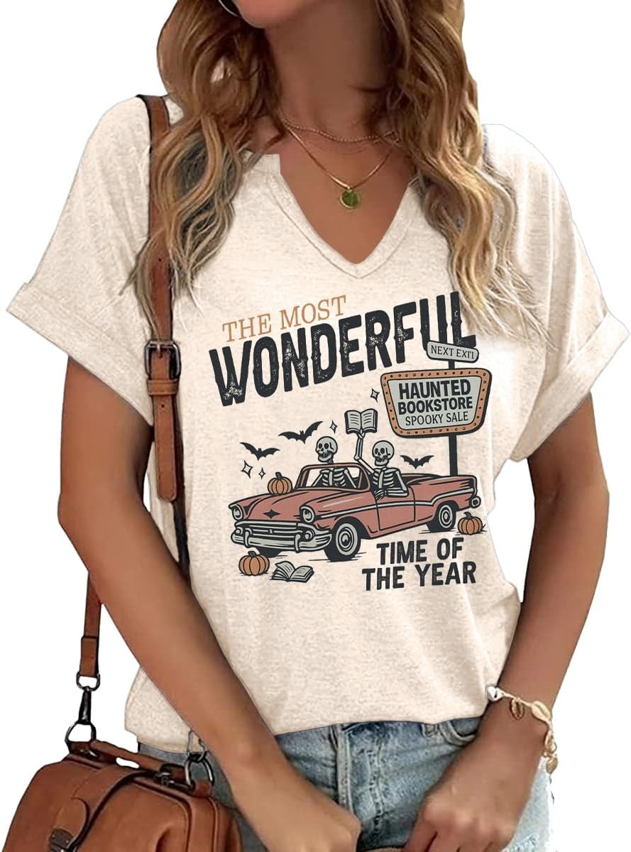 Earlymemb Women Fall Halloween Doodles V Neck Shirt Thanksgiving Casual Tee