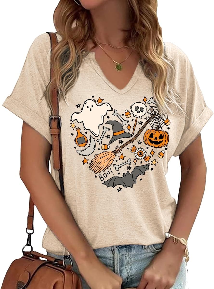 Earlymemb Women Fall Halloween Doodles V Neck Shirt Thanksgiving Casual Tee