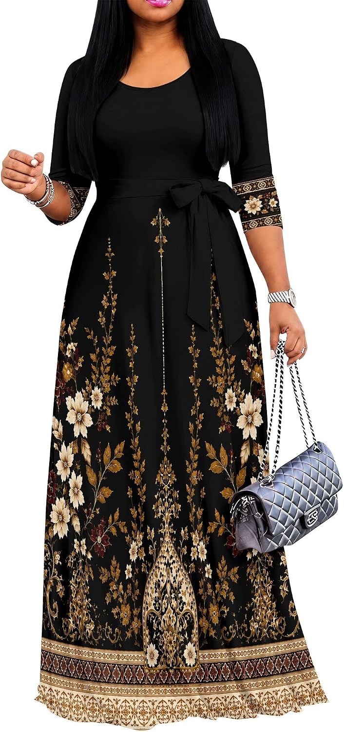 PinkPatty Women's Plus Size V Neck 3/4 Sleeve Boho Maxi Dress with Pockets