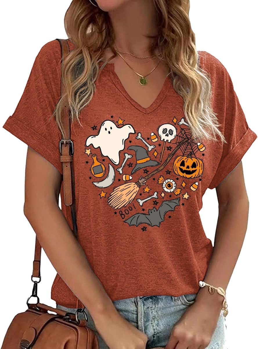 Earlymemb Women Fall Halloween Doodles V Neck Shirt Thanksgiving Casual Tee