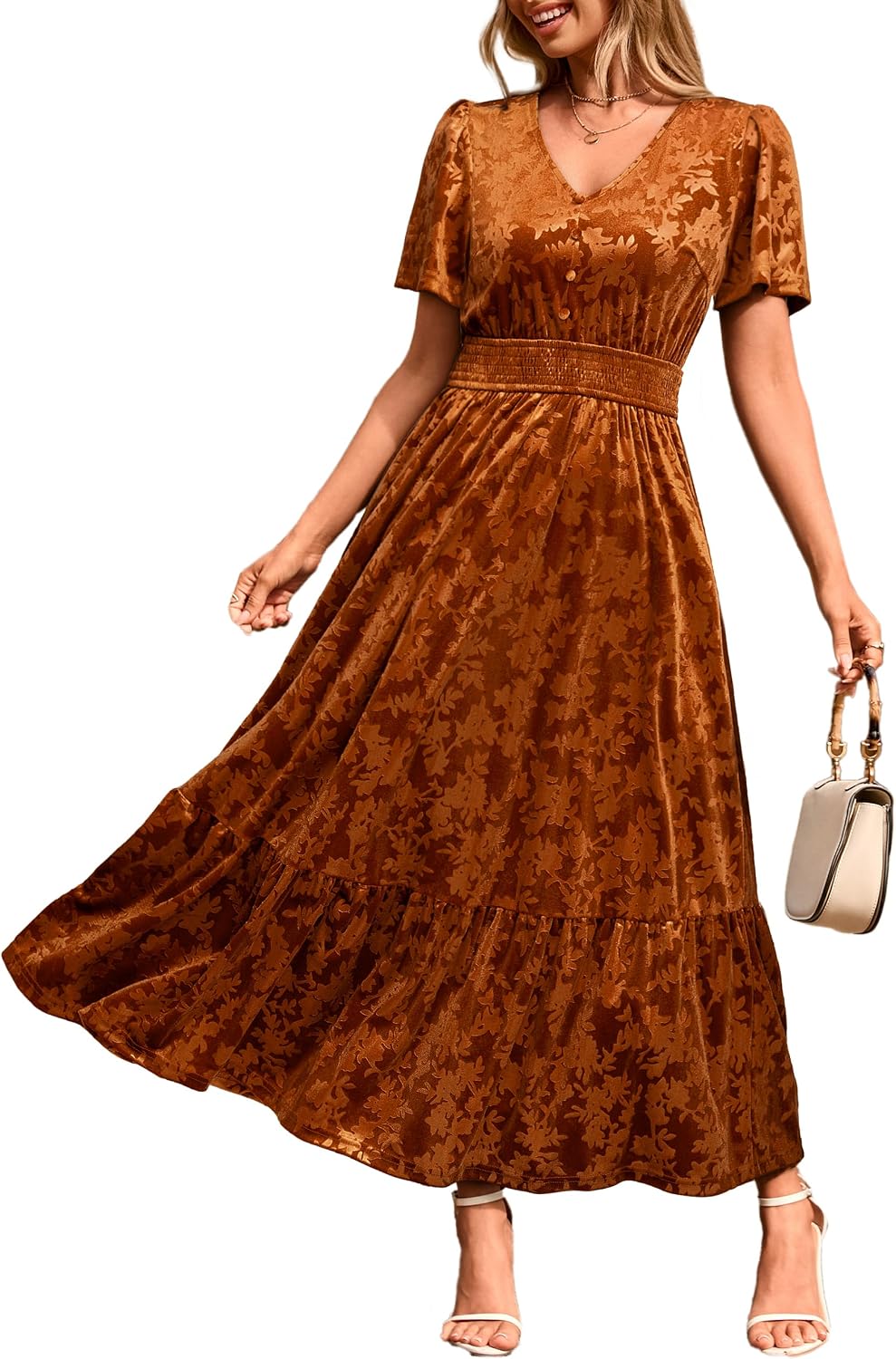 Simplee Womens Fall Velvet Dress Short Sleeve V Neck Floral Maxi Dress Long Formal Winter Wedding Guest Dresses