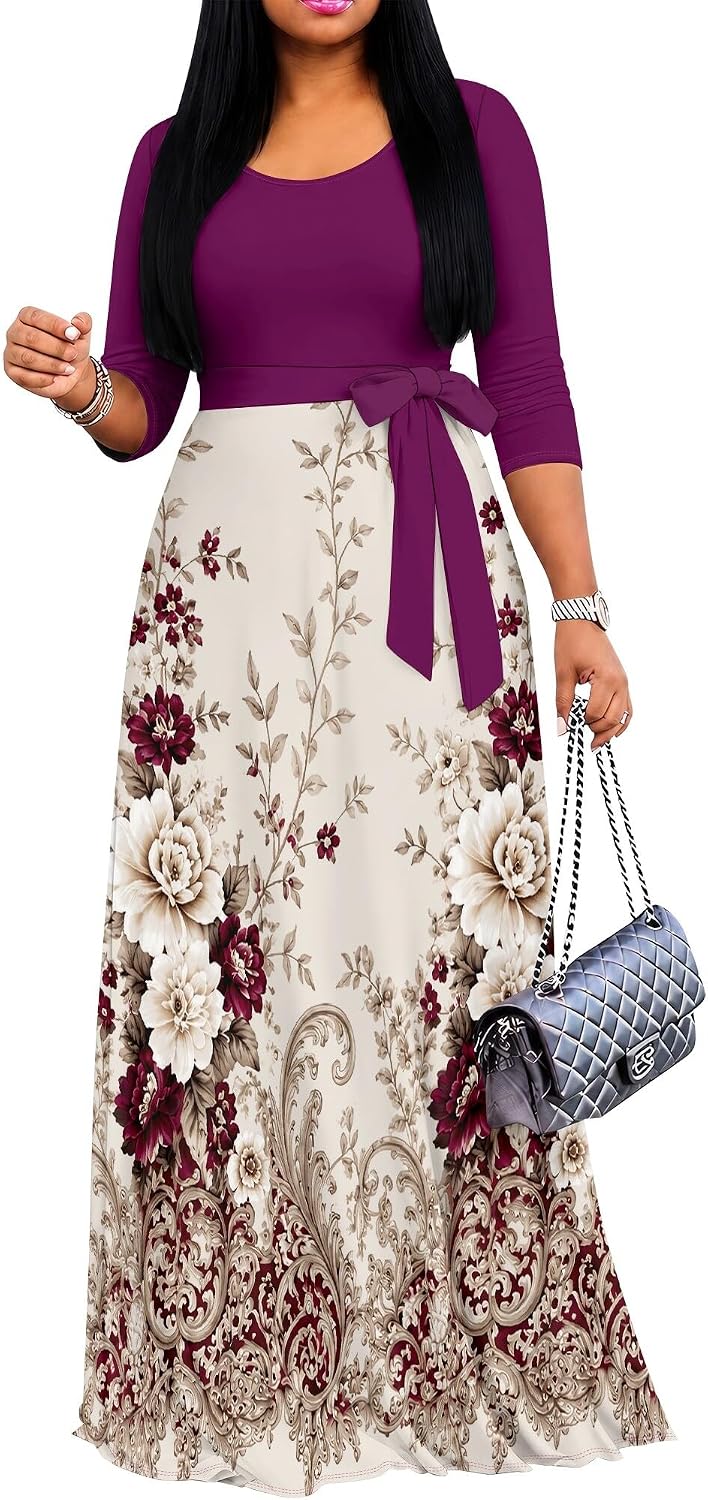 PinkPatty Women's Plus Size V Neck 3/4 Sleeve Boho Maxi Dress with Pockets