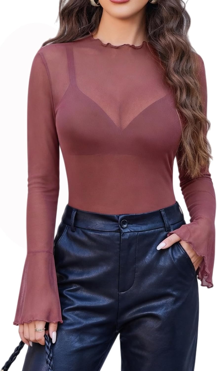 Mesh Tops for Women Long Bell Sleeve Blouses Going Out Shirt Sexy Outfits