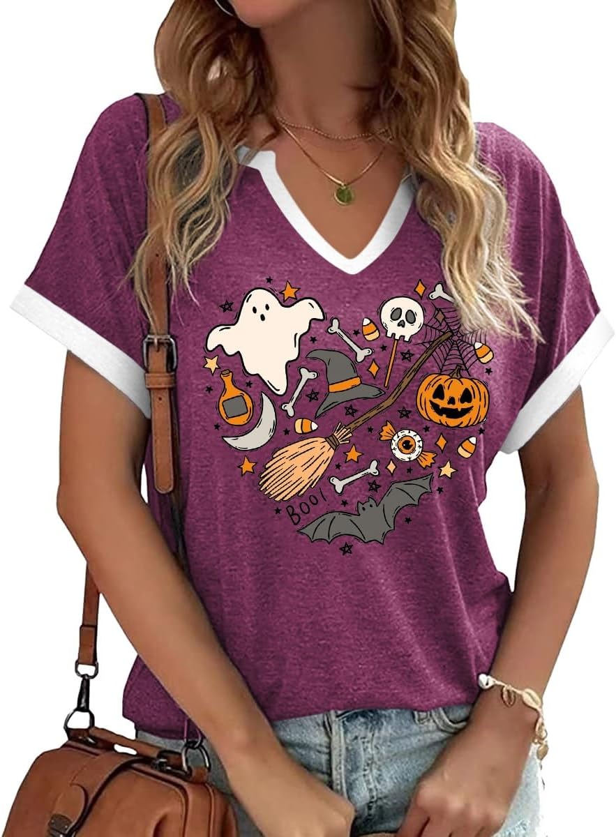 Earlymemb Women Fall Halloween Doodles V Neck Shirt Thanksgiving Casual Tee