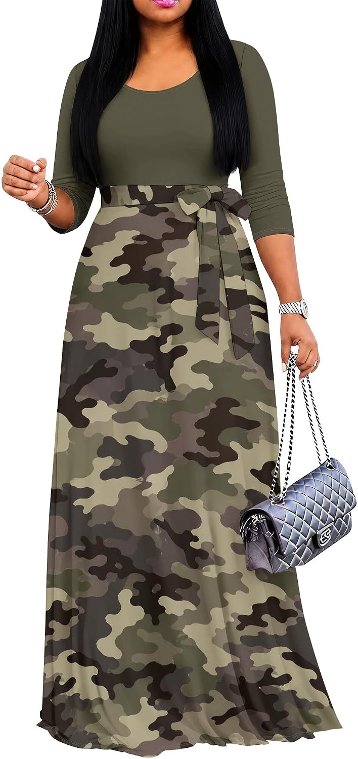 PinkPatty Women's Plus Size V Neck 3/4 Sleeve Boho Maxi Dress with Pockets