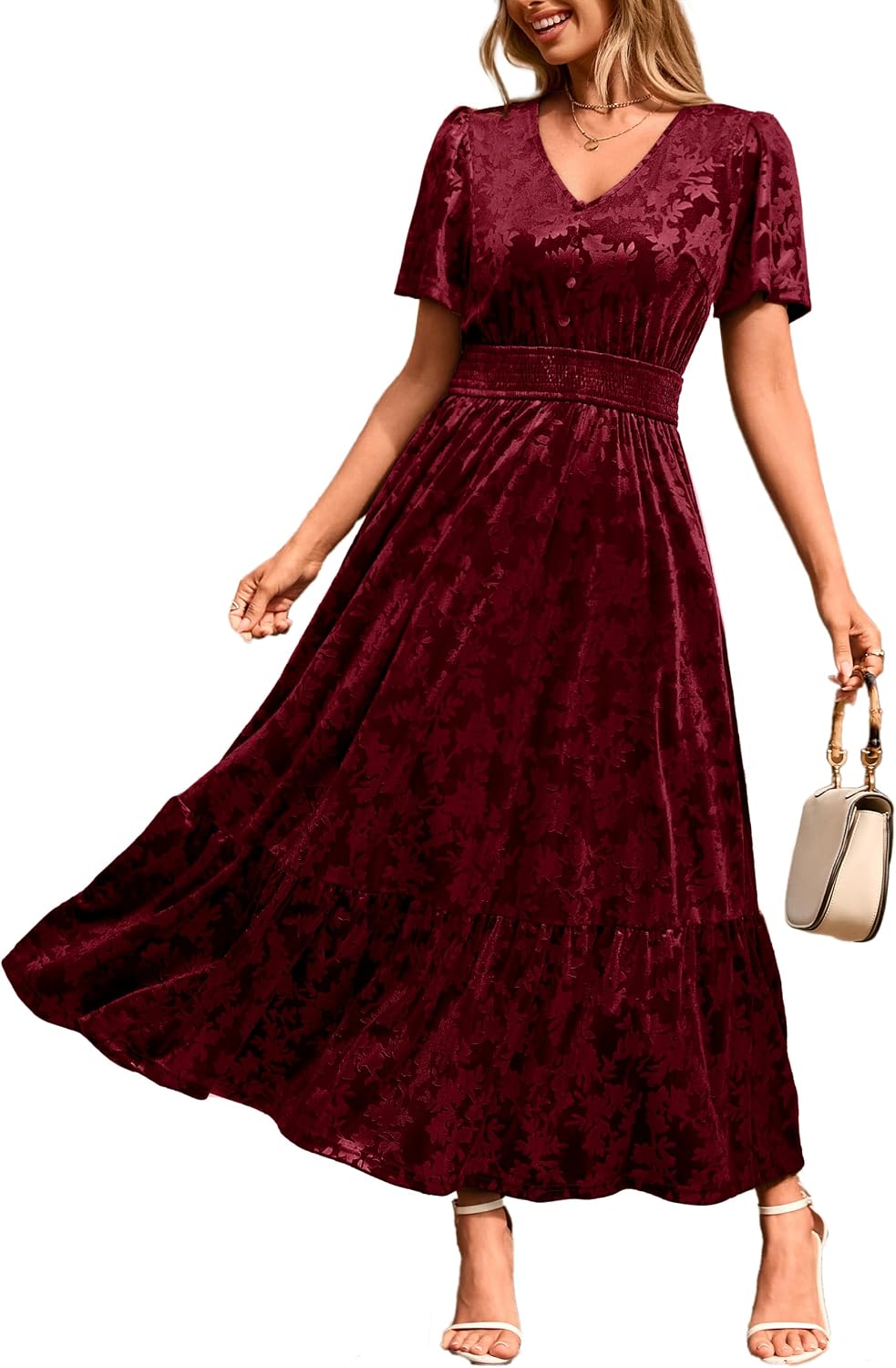 Simplee Womens Fall Velvet Dress Short Sleeve V Neck Floral Maxi Dress Long Formal Winter Wedding Guest Dresses