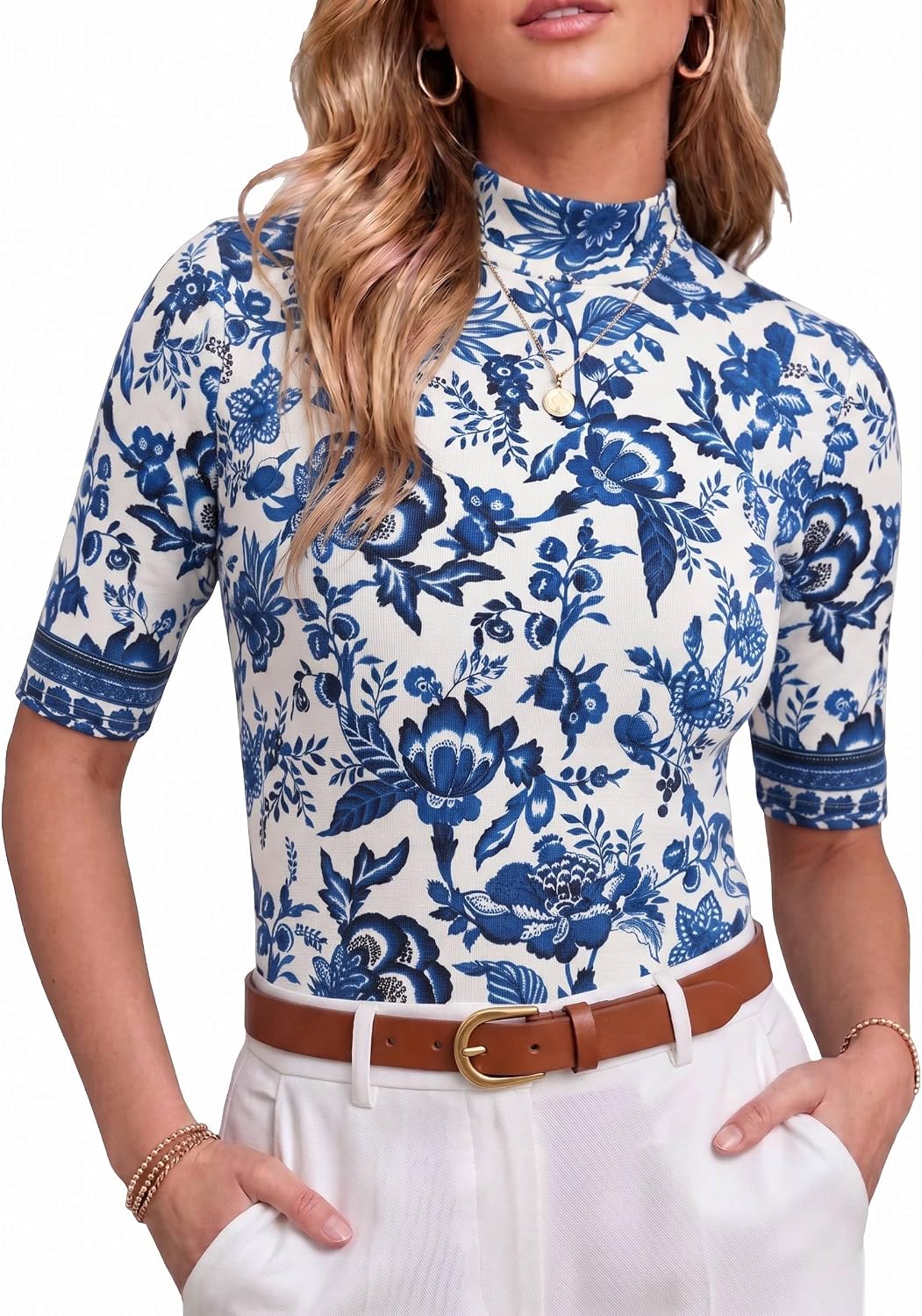 PrinStory Womens Tops Mock Neck Short Sleeve T Shirts Dressy Casual Ribbed Knit Slim Fit Summer Business Going Out Tops 2026