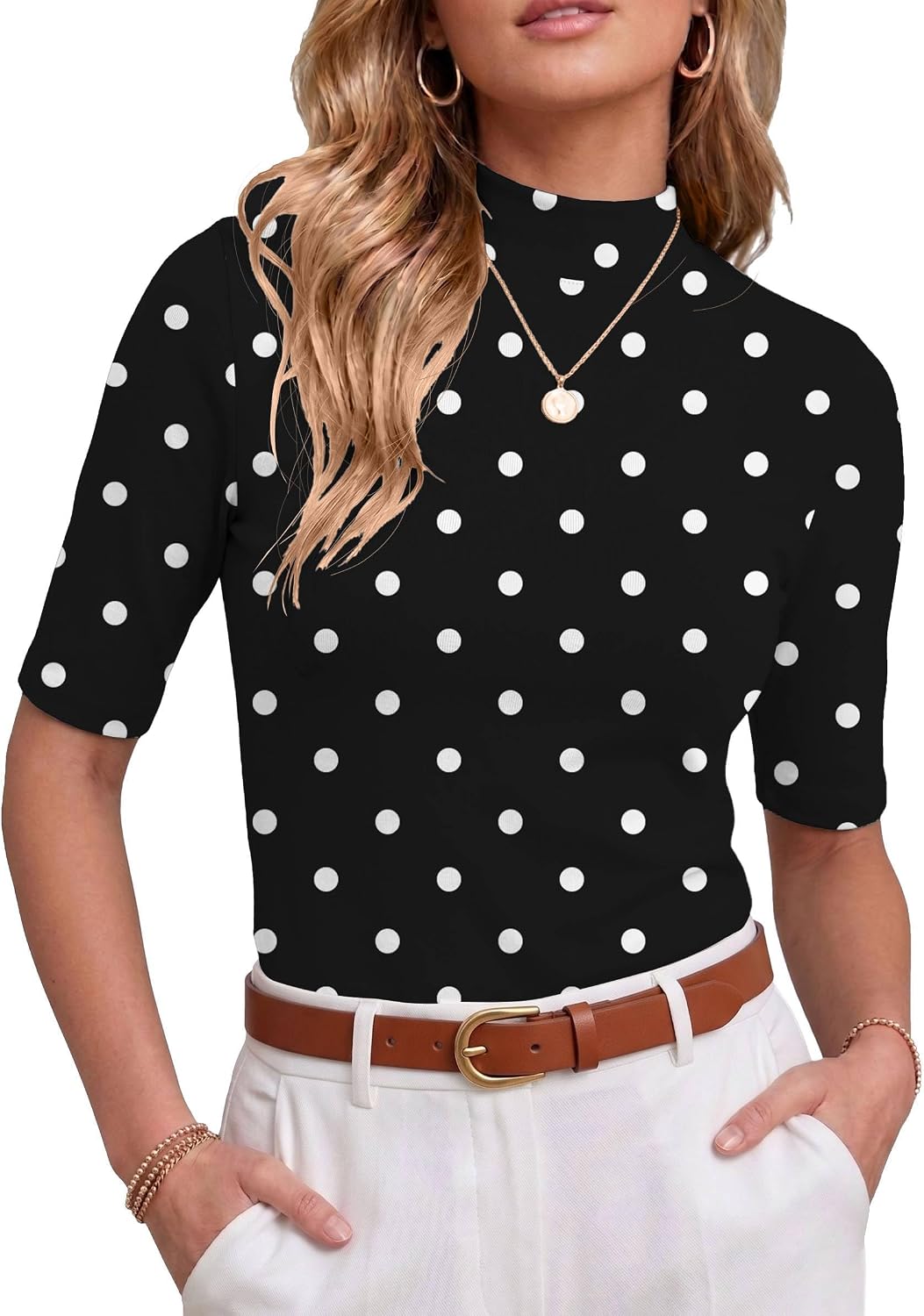 PrinStory Womens Tops Mock Neck Short Sleeve T Shirts Dressy Casual Ribbed Knit Slim Fit Summer Business Going Out Tops 2026