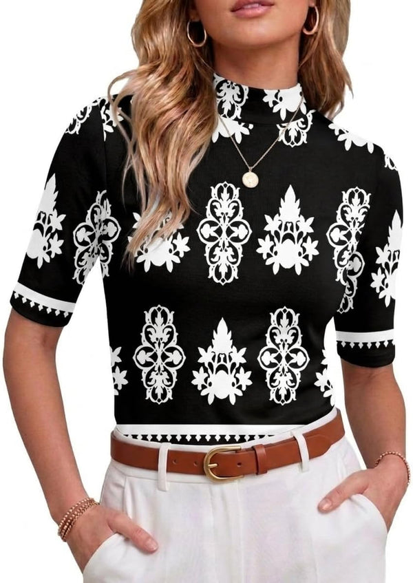 PrinStory Womens Tops Mock Neck Short Sleeve T Shirts Dressy Casual Ribbed Knit Slim Fit Summer Business Going Out Tops 2026