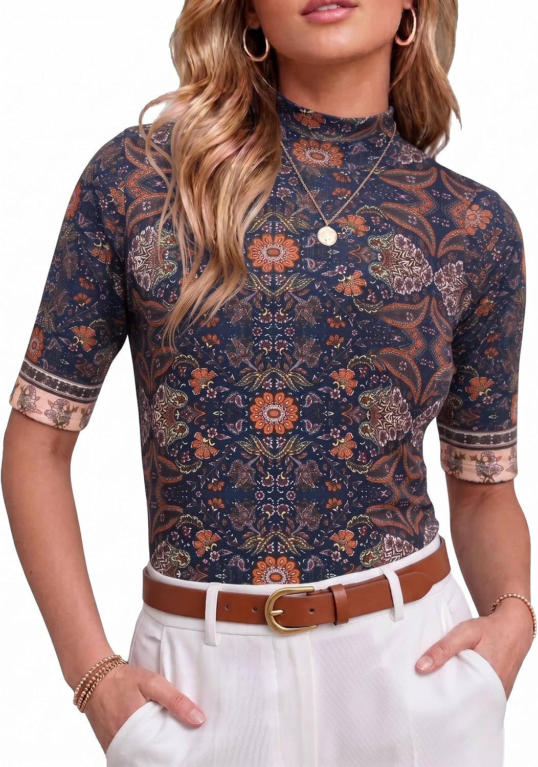 PrinStory Womens Tops Mock Neck Short Sleeve T Shirts Dressy Casual Ribbed Knit Slim Fit Summer Business Going Out Tops 2026