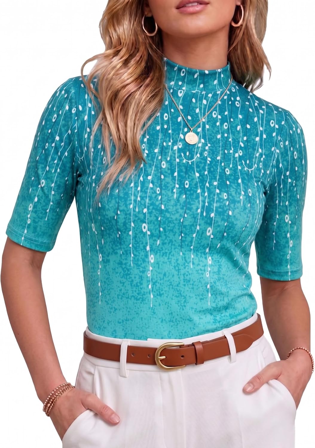 PrinStory Womens Tops Mock Neck Short Sleeve T Shirts Dressy Casual Ribbed Knit Slim Fit Summer Business Going Out Tops 2026