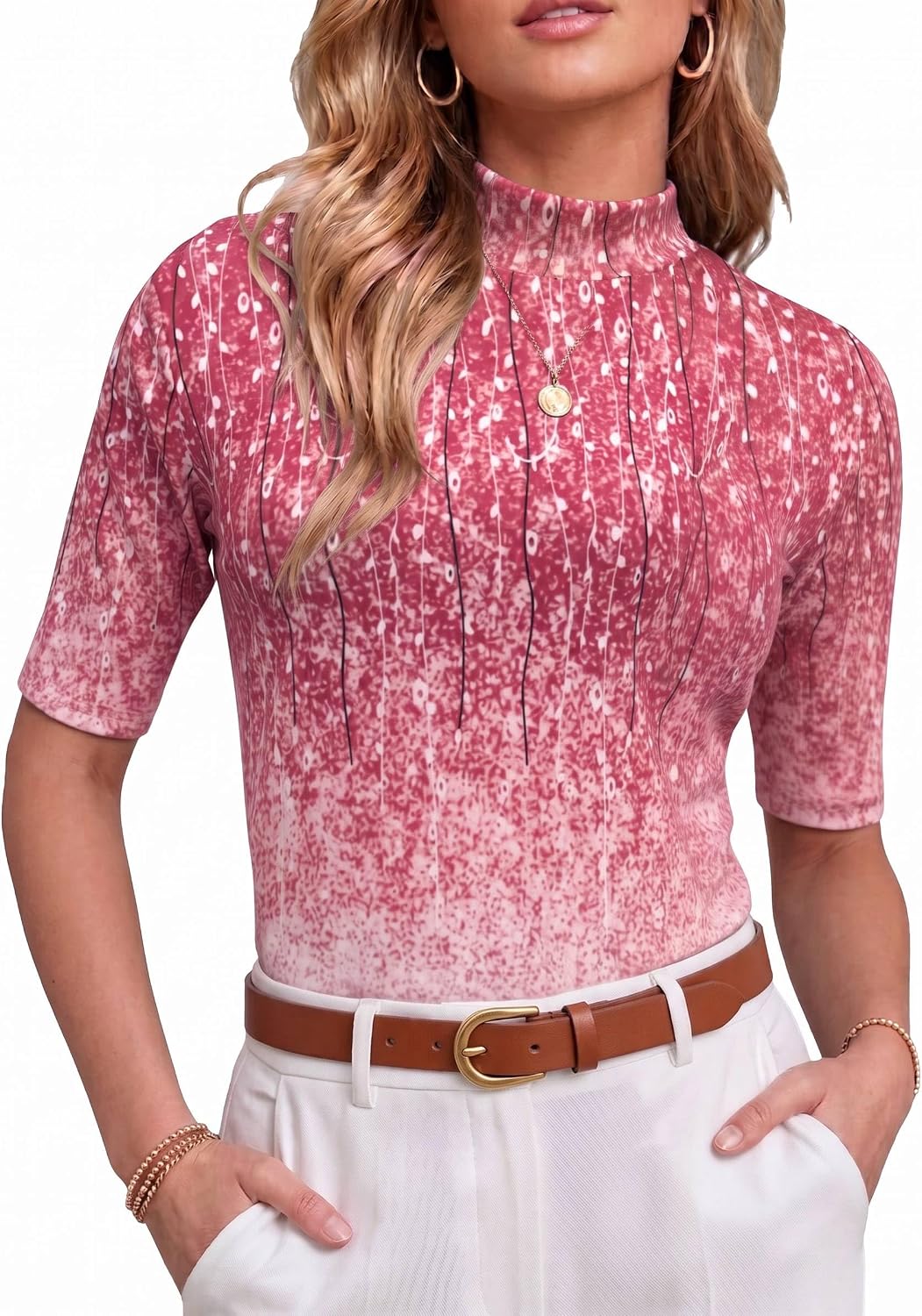 PrinStory Womens Tops Mock Neck Short Sleeve T Shirts Dressy Casual Ribbed Knit Slim Fit Summer Business Going Out Tops 2026