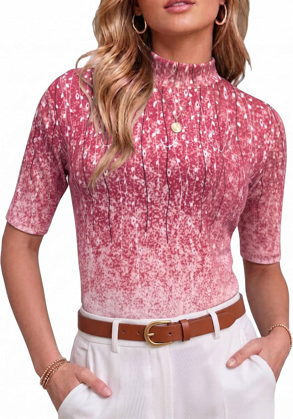 PrinStory Womens Tops Mock Neck Short Sleeve T Shirts Dressy Casual Ribbed Knit Slim Fit Summer Business Going Out Tops 2026