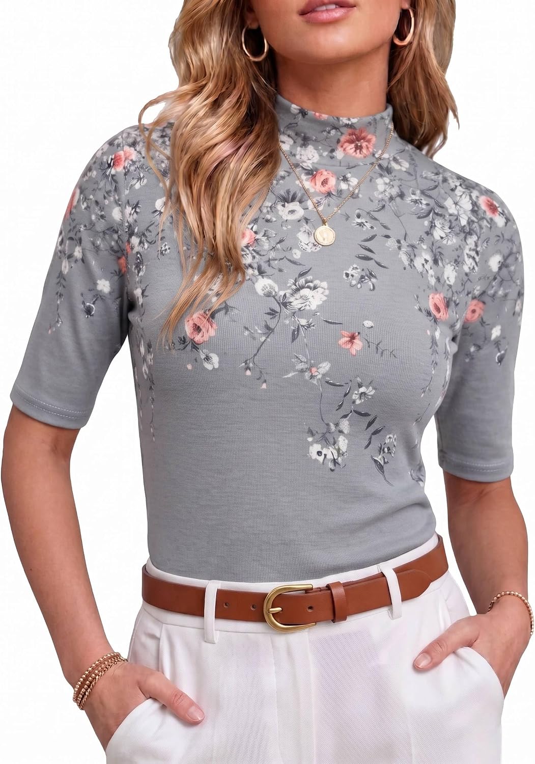 PrinStory Womens Tops Mock Neck Short Sleeve T Shirts Dressy Casual Ribbed Knit Slim Fit Summer Business Going Out Tops 2026