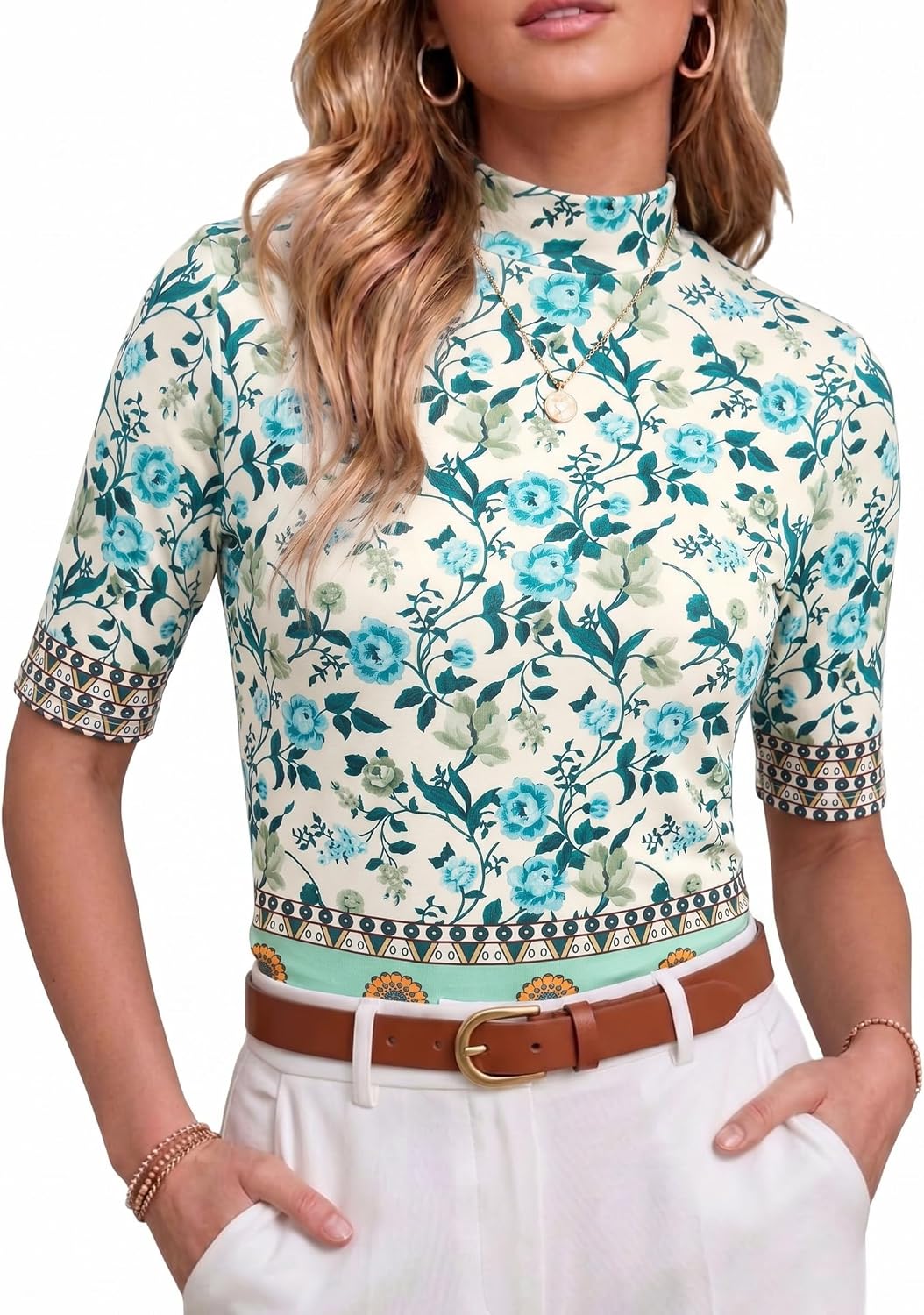 PrinStory Womens Tops Mock Neck Short Sleeve T Shirts Dressy Casual Ribbed Knit Slim Fit Summer Business Going Out Tops 2026