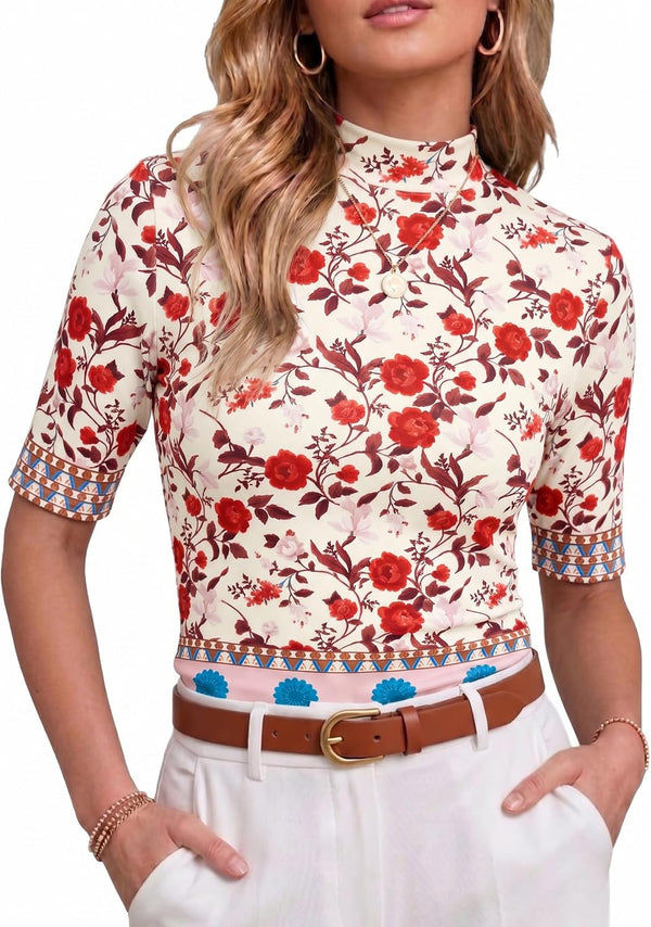 PrinStory Womens Tops Mock Neck Short Sleeve T Shirts Dressy Casual Ribbed Knit Slim Fit Summer Business Going Out Tops 2026