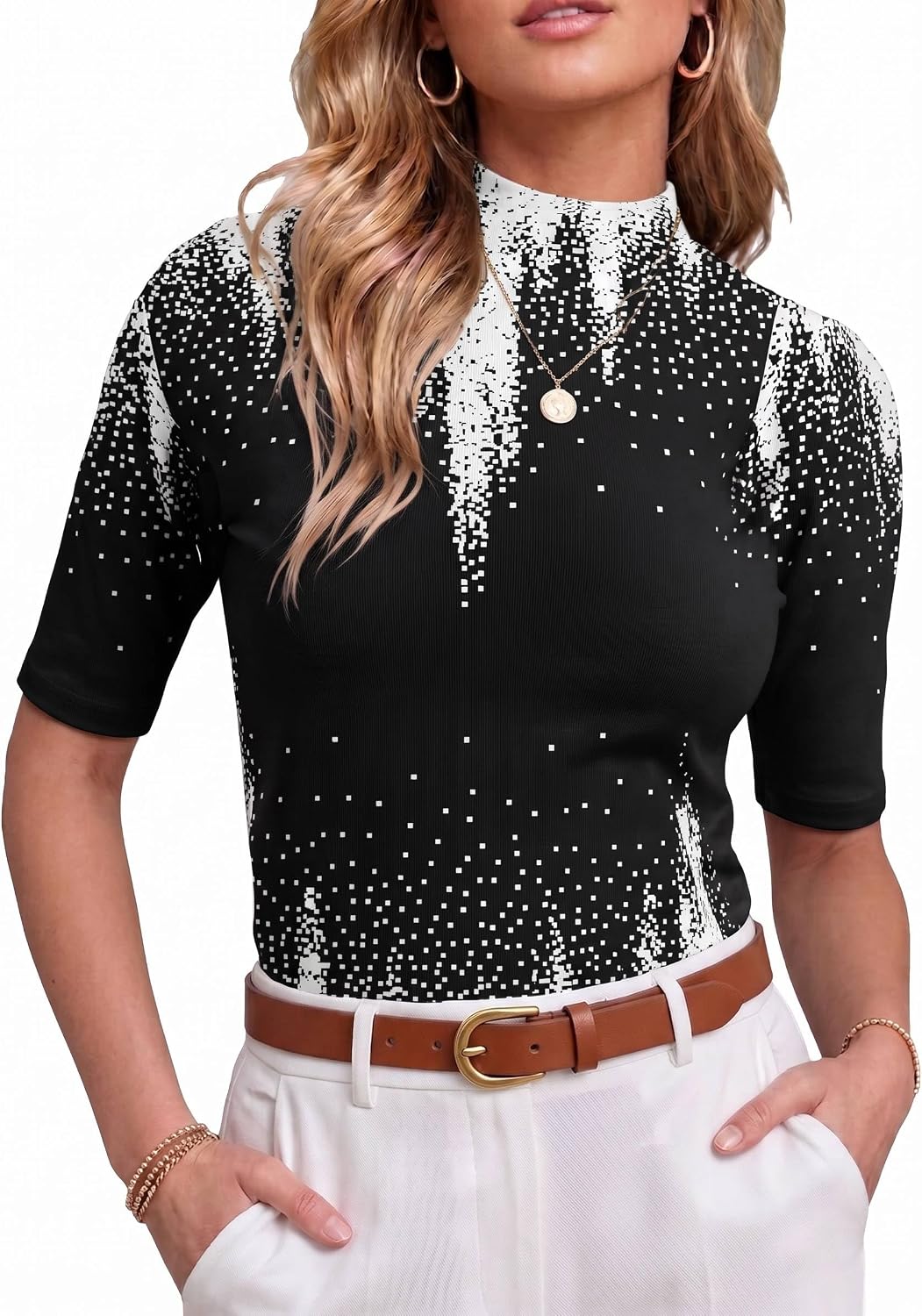 PrinStory Womens Tops Mock Neck Short Sleeve T Shirts Dressy Casual Ribbed Knit Slim Fit Summer Business Going Out Tops 2026