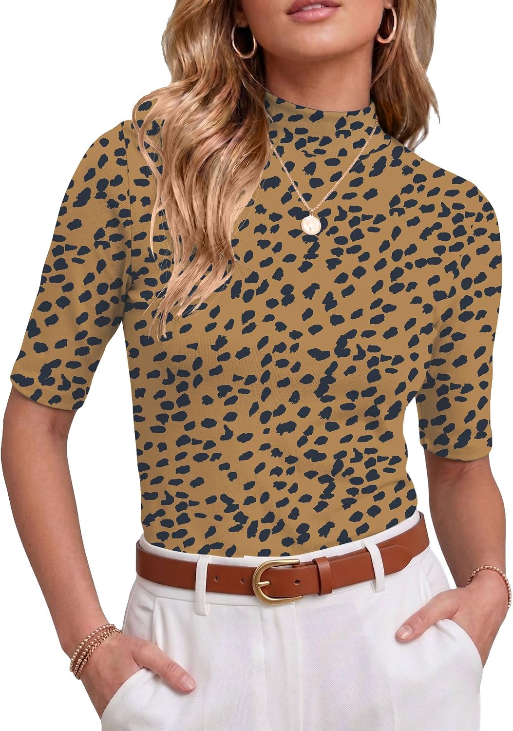 PrinStory Womens Tops Mock Neck Short Sleeve T Shirts Dressy Casual Ribbed Knit Slim Fit Summer Business Going Out Tops 2026