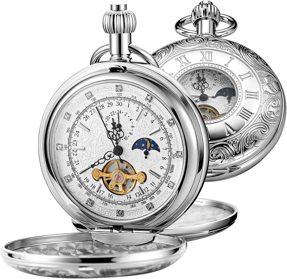 Men's Mechanical Pocket Watch with Chain, Vintage Full Copper Hand-Win