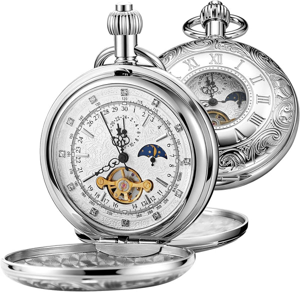 Men's Mechanical Pocket Watch with Chain, Vintage Full Copper Hand-Win