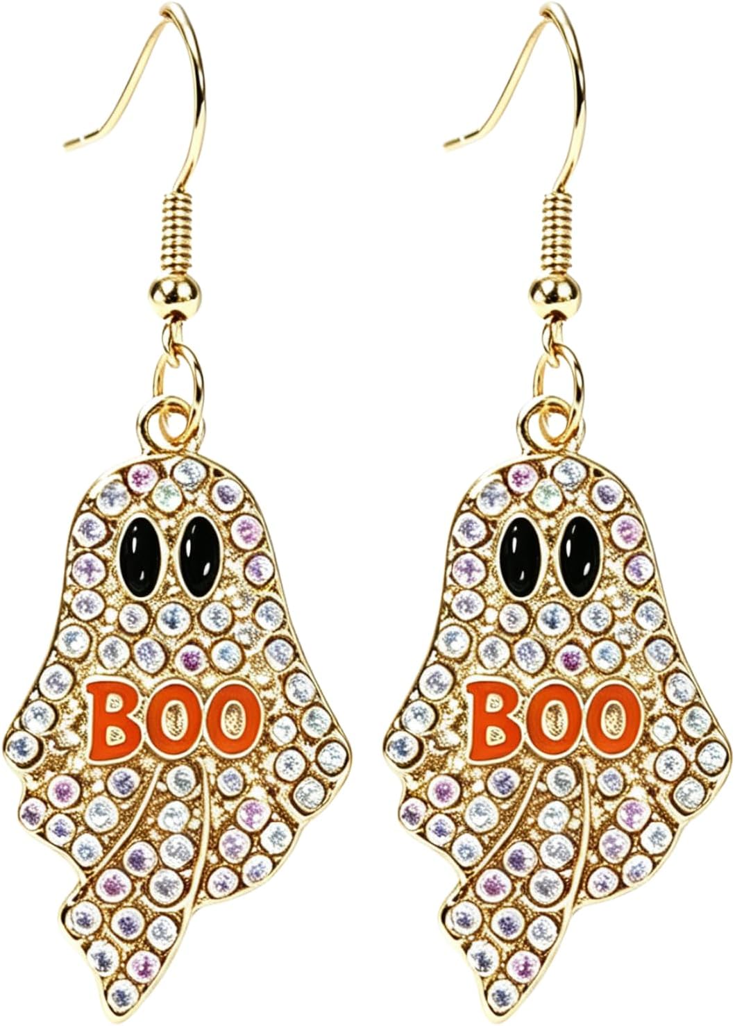 Halloween Pumpkin Ghost Earrings Sparkly Rhinestone Dangle Earring for Women