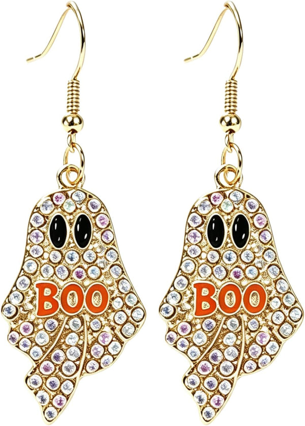 Halloween Pumpkin Ghost Earrings Sparkly Rhinestone Dangle Earring for Women
