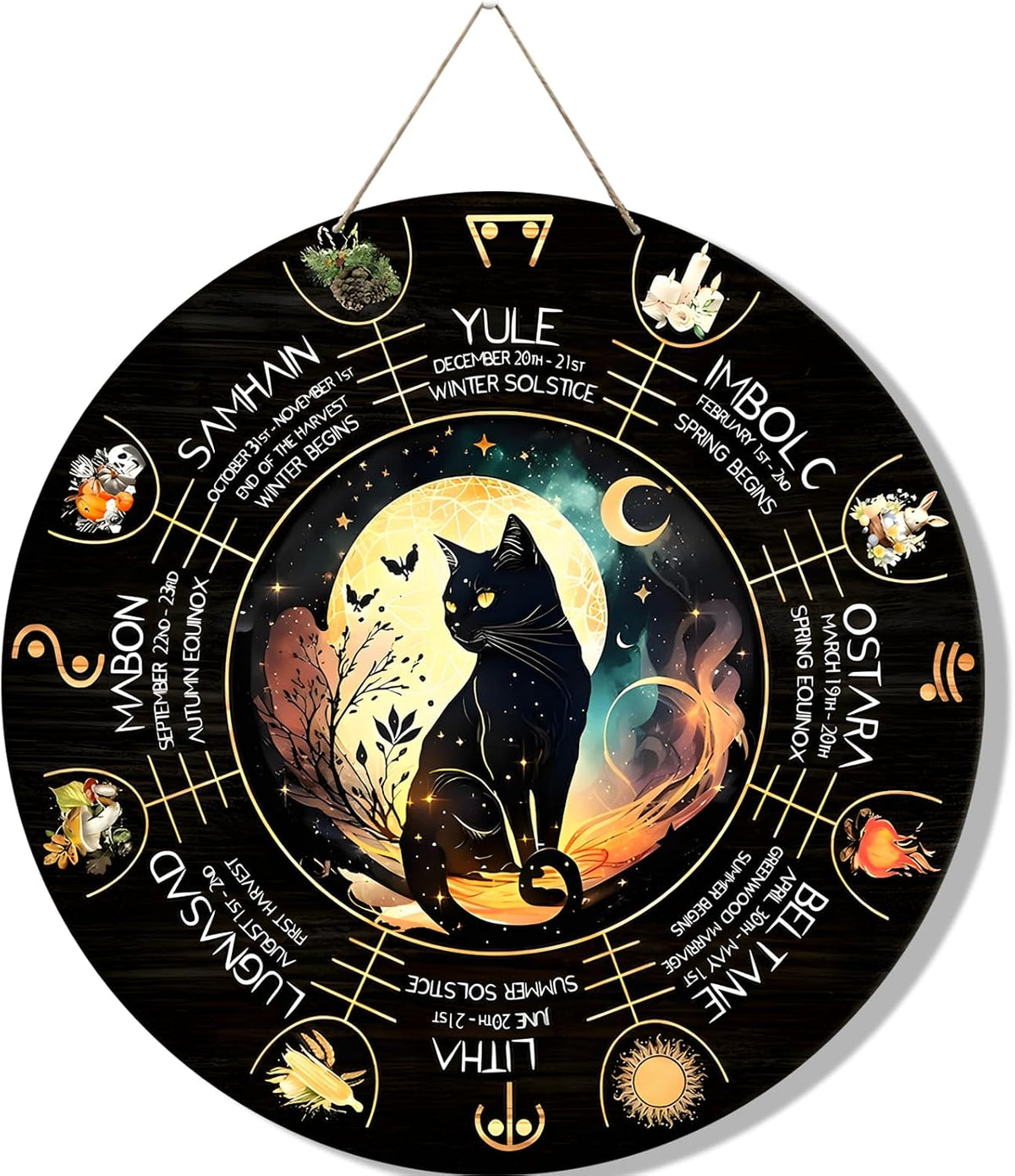 Wheel of The Year Wood Sign 12",Sabbats Pagan Sign Witches Runes Wood Engraved Board Wiccan Holidays,Wicca Calendar,Yule Altar, Celestial Sign,Vintage Handmade Tabletop Ornament Decor Main image