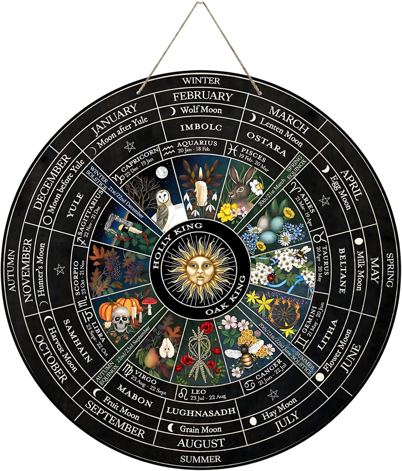 Wheel of The Year Wood Sign 12",Sabbats Pagan Sign Witches Runes Wood Engraved Board Wiccan Holidays,Wicca Calendar,Yule Altar, Celestial Sign,Vintage Handmade Tabletop Ornament Decor Secondary image