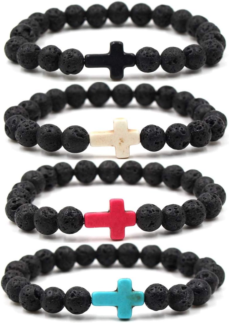 Softones 4PCS Cross Beads Bracelet for Men Women 8mm Healing Lava Stone Stretch Bracelets,7.5"