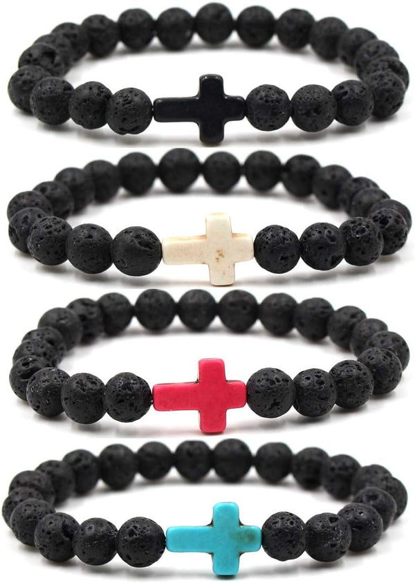 Softones 4PCS Cross Beads Bracelet for Men Women 8mm Healing Lava Stone Stretch Bracelets,7.5"