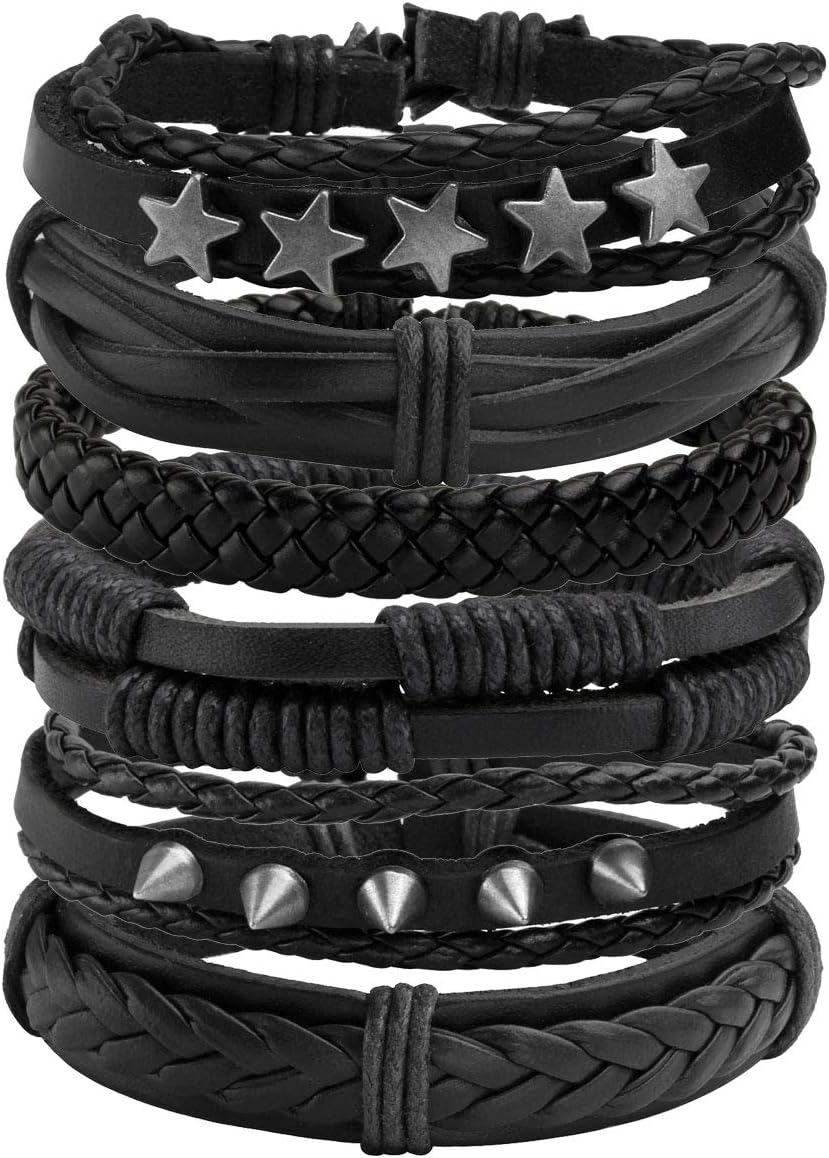 6-12PCS Braided Faux Leather Bracelet Punk Cuff Wrap Bracelets for Men Women Adjustable