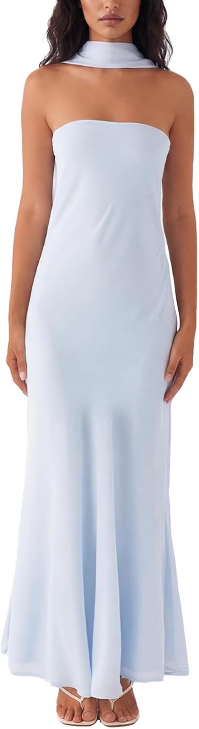 Women Floral Tube Maxi Dress with Scarf Summer Strapless Tube Bodycon Mesh Layer Cocktail Party Wedding Guest Dress