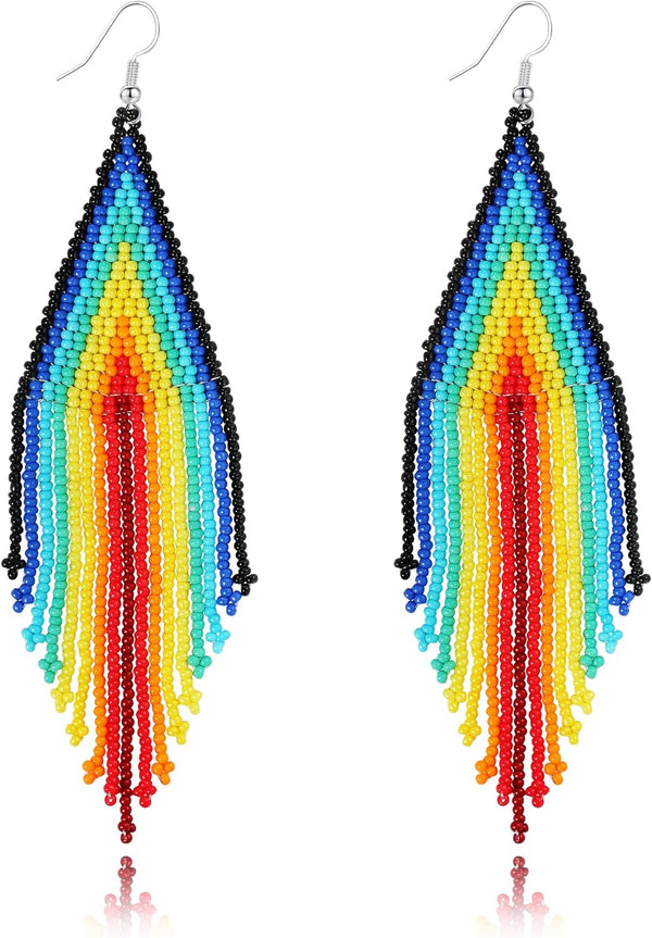 Long Beaded Tassel Boho Statement Earrings