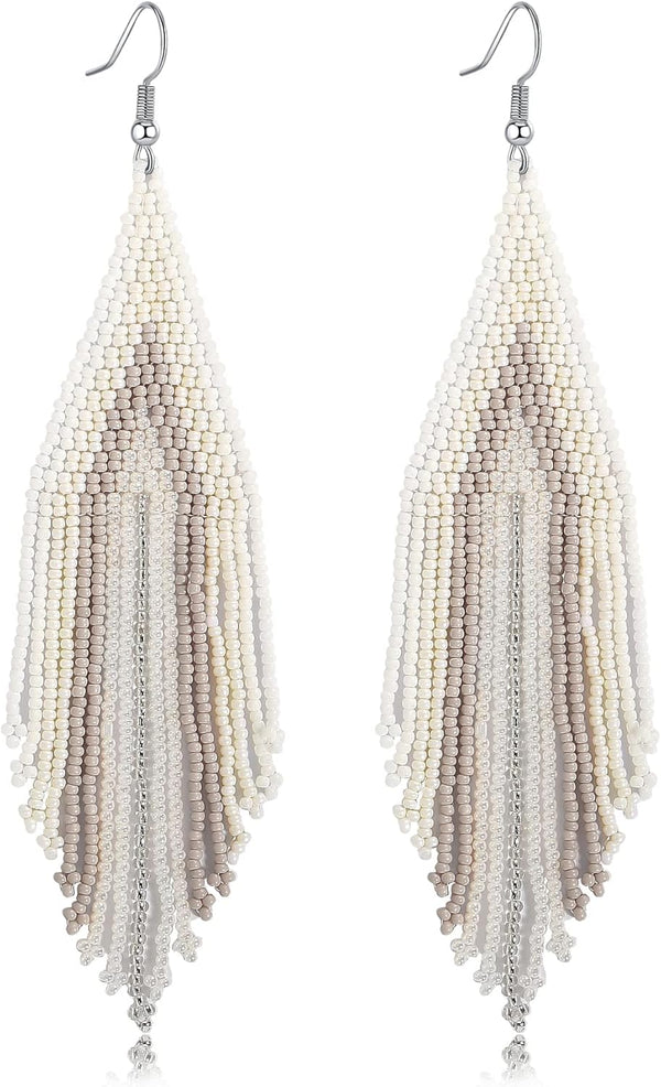 Long Beaded Tassel Boho Statement Earrings