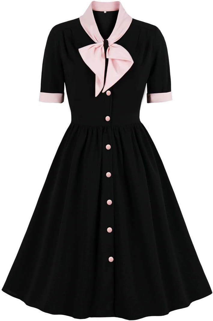 1950s Dresses for Women Vintage Rockabilly Retro Short Sleeve Tie Midi Dress Cocktail Party Evening Prom Gown
