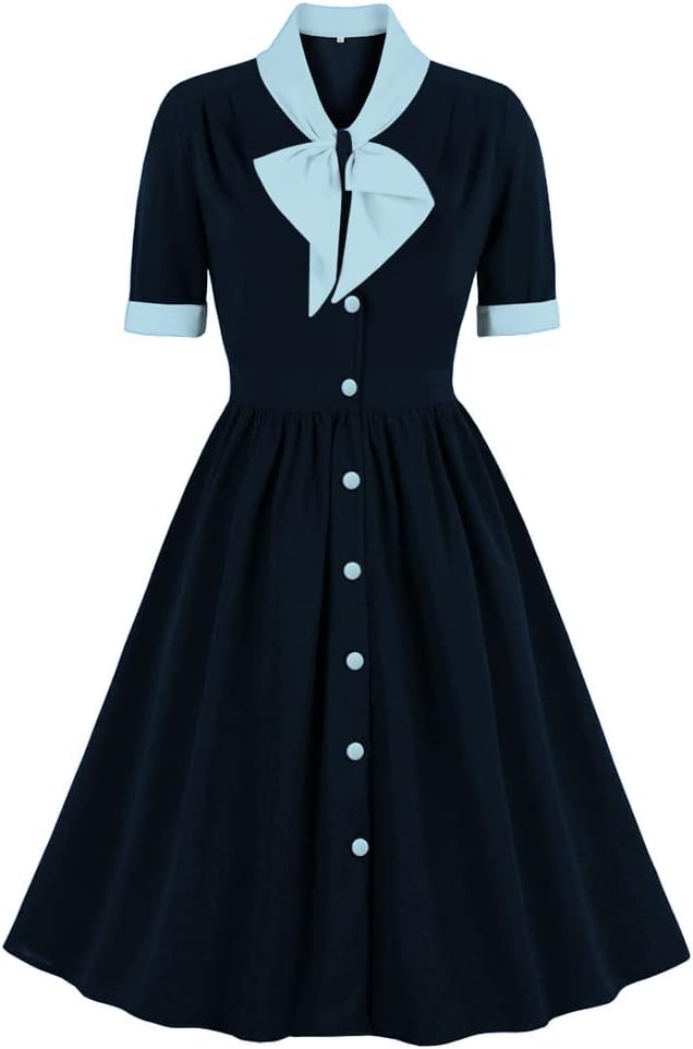 1950s Dresses for Women Vintage Rockabilly Retro Short Sleeve Tie Midi Dress Cocktail Party Evening Prom Gown