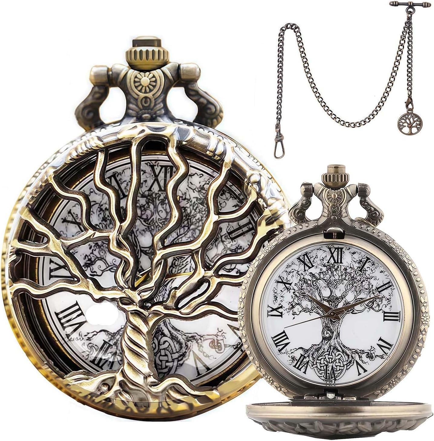 Pocket Watch — Hollow Tree Roman Numerals Antique Quartz Fob