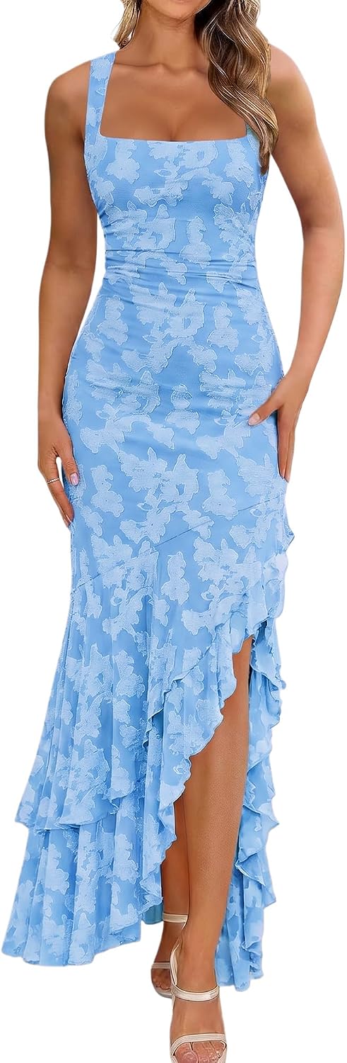 BORIFLORS Women's Elegant Ruched Floral Maxi Wedding Guest Dress