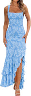 BORIFLORS Women's Elegant Ruched Floral Maxi Wedding Guest Dress