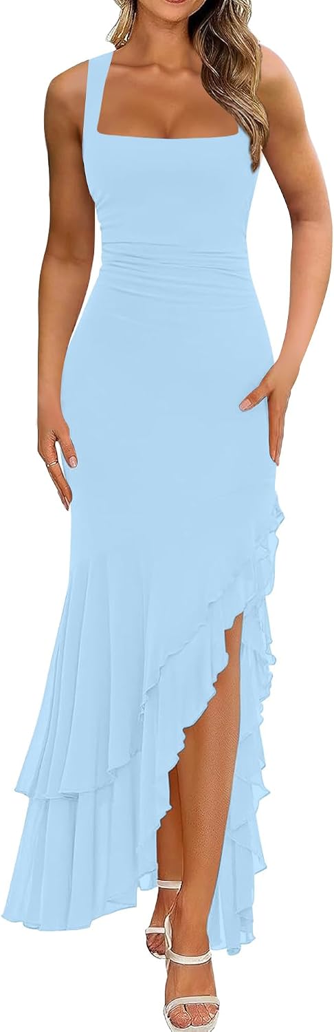 BORIFLORS Women's Elegant Bodycon Ruched Maxi Cocktail Dress