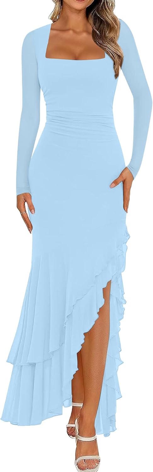 BORIFLORS Women's Bodycon Fall Wedding Guest Long Sleeve Maxi Dress
