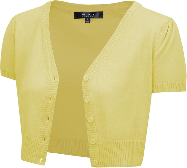 YEMAK Women's Cropped Bolero Cardigan – Short Sleeve V-Neck Basic Classic Casual Button Down Knit Soft Sweater Knitted Top