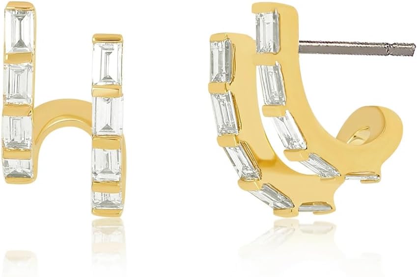 14K Gold Plated Illusion Stud Earrings for Women | Triple Huggie Hoop Earrings for One Hole| Trendy Simple Hypoallergenic Fashion Accessories Gold
